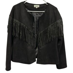 Rockin G Black Rhinestone Fringe Open Front Coastal Cowgirl Jacket Womens Small